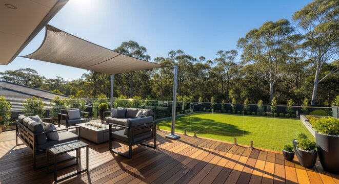 Outdoor patio with seating area sunshade and wooden deck against clear sky
