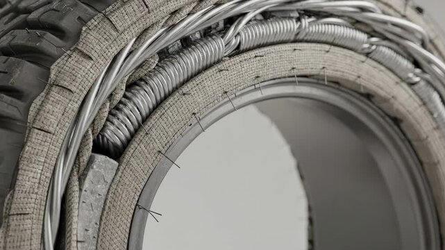 Detailed medium shot of offroad tire bead construction focusing on flexible yet strong fabric cords and bead wire forming to withstand rough terrain.