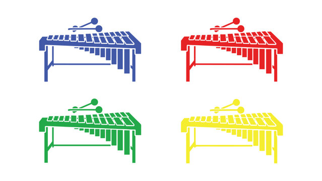 Colorful marimba instruments displayed in four different vibrant hues