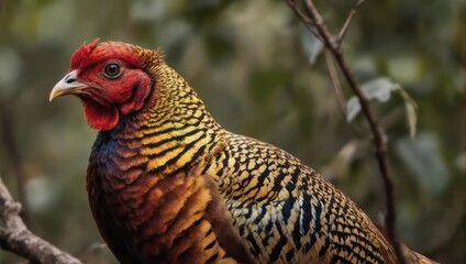 A vibrant pheasant showcases striking plumage, perched amidst blurred foliage, side profile