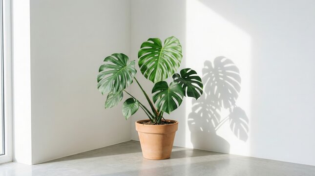 Monstera plant in terracotta pot on gray floor