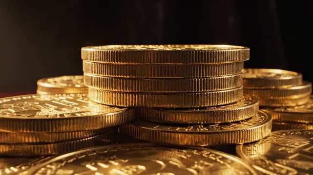 Golden Coins Stacked High, Reflecting Light, Financial Wealth Concept.