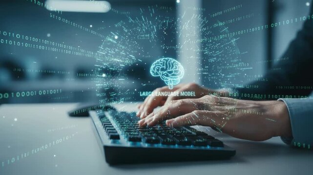 Innovative Hands Typing Large Language Model Code on Glowing Digital Brain Hologram