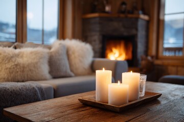 Naklejka premium Cozy living room with lit candles and fireplace ambiance in winter