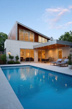 Modern luxury home with pool and outdoor lounge at sunset
