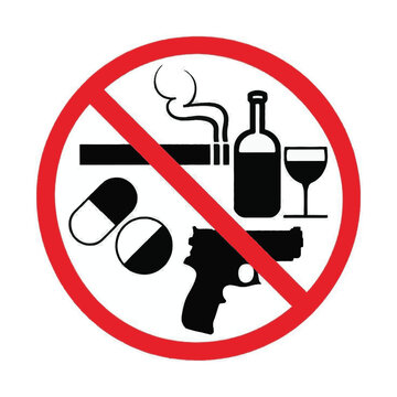 a simple safety warning sign with a red circle with  prohibition forbidden no smoking no alcohol no weapons,