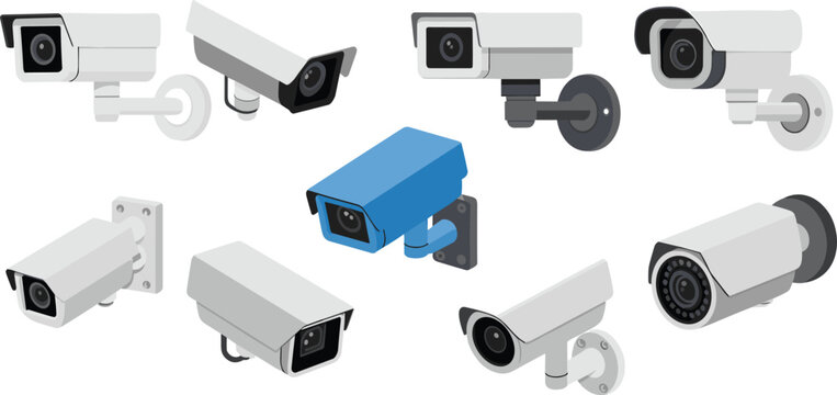 Isometric surveillance security cameras set with CCTV outdoor monitoring devices illustration isolated white background