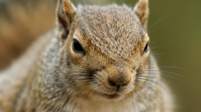 Close-up of a squirrel's face, showcasing its fur, dark eyes, whiskers, and small ears. Focus on the detail