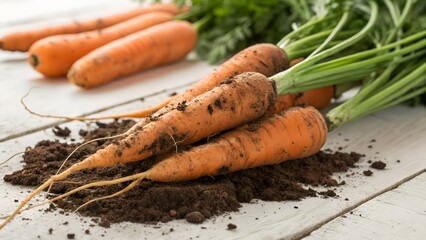Fresh Carrots with Soil on Wooden Surface
Just-Harvested Carrots with Green Tops and Soil
Organic Carrots with Dirt on Rustic White Wood