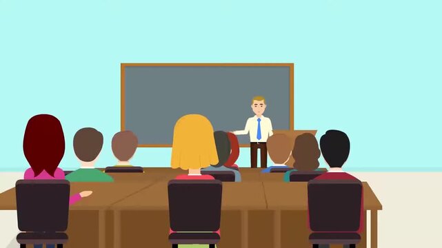 Business Presentation Meeting Animation, Speaker Giving Seminar to Audience in Conference Room Corporate Training Concept