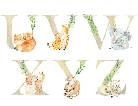 Watercolor safari animals letters for invitation card, nursery poster and other.