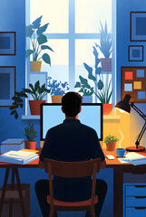 Fototapeta premium Man Working on Computer at Night in Home Office Illustration