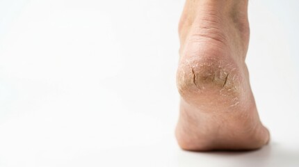 Fototapeta premium A human heel exhibits extremely dry fissured skin with visible cracks highlighted on a clean white surface
