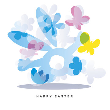 Hapy Easter greeting card. Blue Easter bunny with overlapping color butterfly and spring flowers isolated on white background