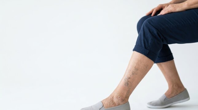 Close up of a senior person's legs showing prominent varicose veins while sitting against a plain white background
