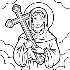 Naklejka premium Sacred Saint and Cross: Christianity and Religious Art Coloring Page Illustration with Angel and Holy Symbols for Spiritual Devotion