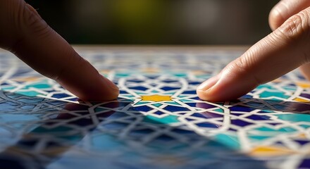 Naklejka premium A person's fingers delicately touch a vibrant mosaic tile artwork with intricate patterns and colors.