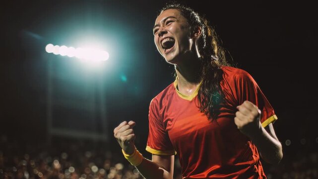 Excited female soccer player screaming and pumping fists in celebration at night. This intense sports victory scene shows a winning athlete expressing extreme emotion under bright stadium lights.