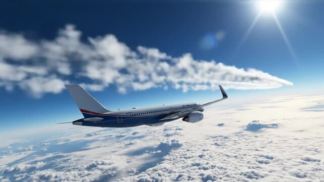 Commercial airliner with sleek metallic silver fuselage and orange-tipped wings soars above a sea of fluffy white clouds under a bright, sunlit blue sky.