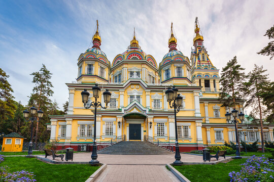 Colorful facade of Ascension Cathedral Zenkov Russian Orthodox Church in Almaty, Kazakhstan