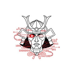 Fototapeta premium Cyber Samurai Warrior Head with Red Eyes and Binary Code Circuitry