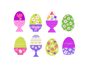 Set of colorful decorated Easter eggs with simple floral and polka dots patterns. Cartoon vector illustration isolated on white background.
