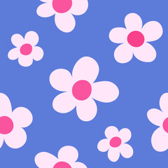 Floral seamless pattern with pink blooming flowers on blue background. Vibrant vector print for fabric, wallpaper, wrapping paper.
