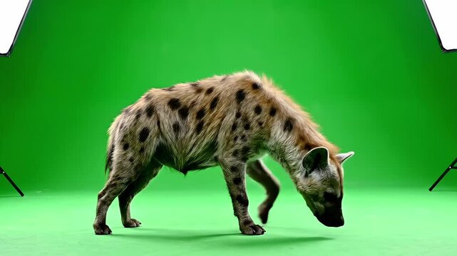 Spotted hyena standing in studio with green screen background for wildlife concepts