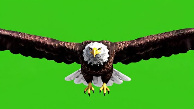 Bald eagle flying directly towards camera with wings spread on green background