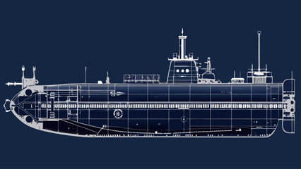 Advanced Military Submarine AutoCAD Blueprint – Detailed Side View Naval Engineering Vector on Dark Background