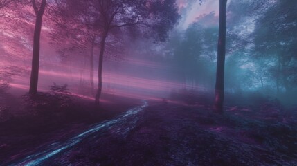 Obraz premium Mystical forest with purple and blue neon lights on a foggy road at dusk trees silhouetted in misty atmosphere virtual reality inspired background