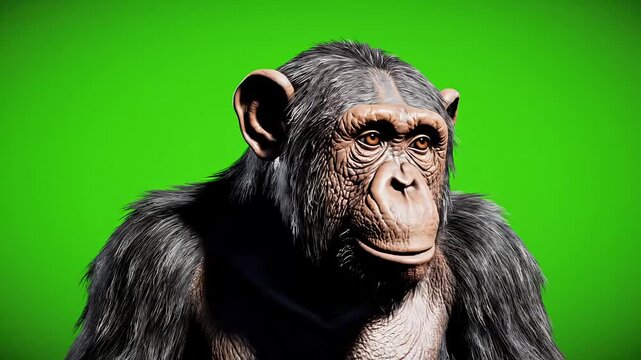 Close-up portrait of a chimpanzee against a vibrant green background