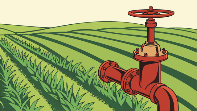 Irrigation system with red valve supplying water to green agricultural fields.