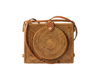 Woven handbag with round flap and leather accents isolated on transparent background