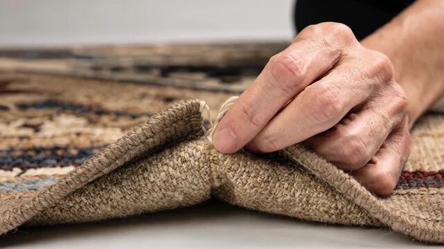 Medium shot focusing on hidden stitch technique expertly finishing rug edges to create seamless nearly invisible seams for a sleek polished look.