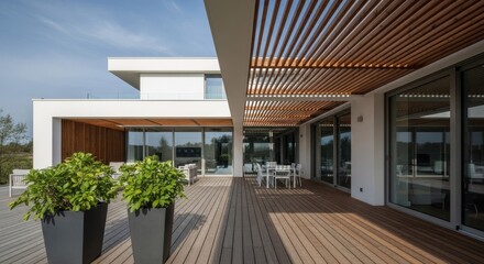 Fototapeta premium Modern home exterior with wooden deck plants and contemporary architecture