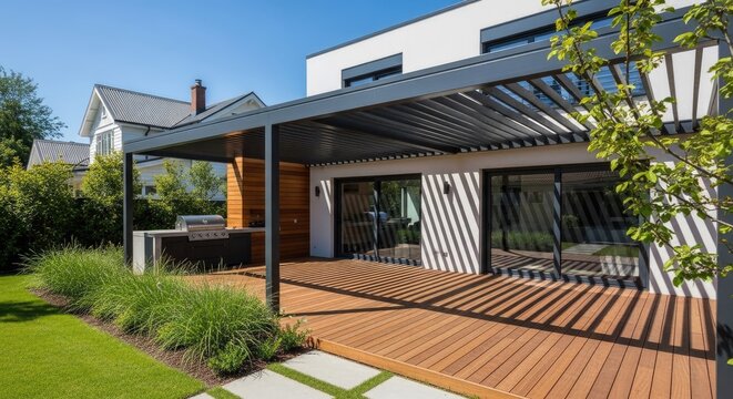 Modern home exterior with outdoor deck and pergola on a sunny day