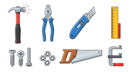 Naklejka premium Essential Hand Tools Vector Set: Hammer, Pliers, Saw, Utility Knife, Screws for DIY, Construction & Repair Projects
