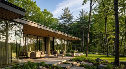 Modern house with large windows surrounded by lush green trees under sunlight