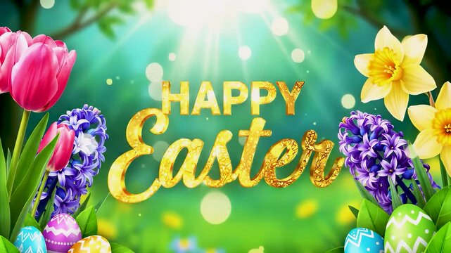 Handwritten Happy Easter greeting text lettering animation with colorful pastel spring flowers and sparkling particles for festive holiday celebration message and digital graphic video
