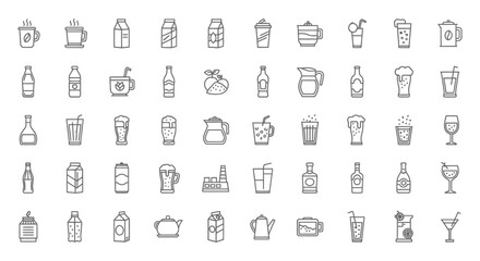 Fototapeta premium various drink and beverage outline icons illustrating common containers like coffee cups milk cartons and bottles for menus.
