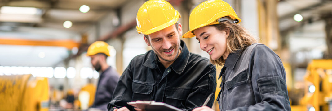 Two factory workers in yellow helmets collaborate over a tablet in an industrial setting, with a blurred worker and machinery in the background.