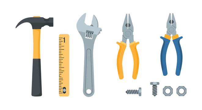 Diverse Home Improvement & Repair Tools Vector Set: Hammer, Wrench, Pliers, Ruler, Screws, and Nuts for Construction, DIY, and Maintenance Projects