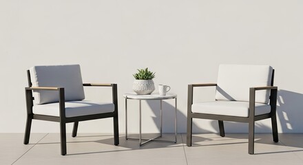 Fototapeta premium Modern outdoor seating arrangement with chairs and side table against a wall