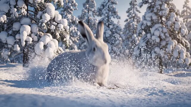 White Rabbit in Winter Wonderland Snow Forest Scene.