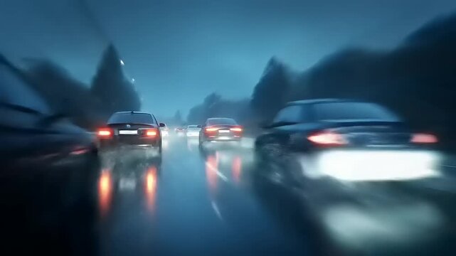 Vehicular motion through glistening asphalt under dim blue light showing the vehicle taillights and road trails
