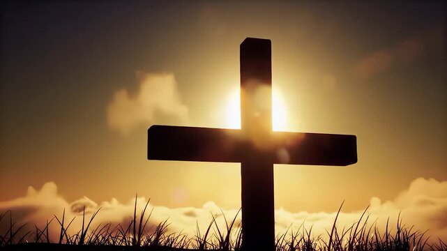 Holy wooden cross silhouette standing against golden sunrise sky. Christian religious symbol shining with divine sun light. Resurrection easter morning landscape background with copy space.