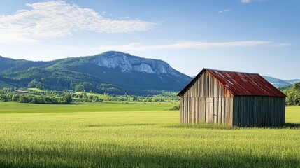 Obraz premium Rustic barn in serene landscape with rolling green hills, blue sky, and white clouds on a sunny day, showcasing nature's beauty and tranquility in rural setting