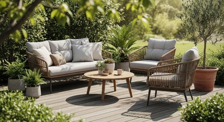 Outdoor patio furniture arrangement with cushions sunlight and wooden elements