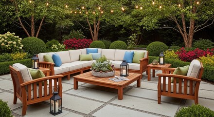 Obraz premium Outdoor patio furniture arrangement with seating area and decorative lighting
